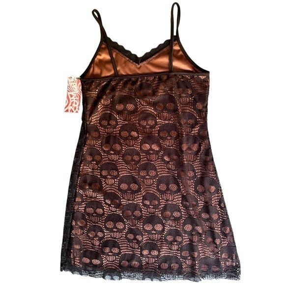 NWT Skull Lace Mini Dress Halloween Goth Grunge Fall Black Slip Medium Large M L - Picture 2 of 16